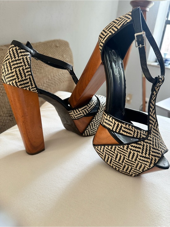 Jessica Simpson Shoes - Jessica Simpson Dany Black and Cream Woven Platform Sandals with Wood Block Heel